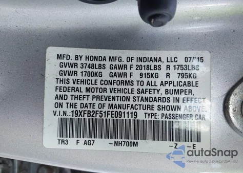 2015 Honda Civic Lx из США, поврежденный, VIN 19XFB2F51FE091119